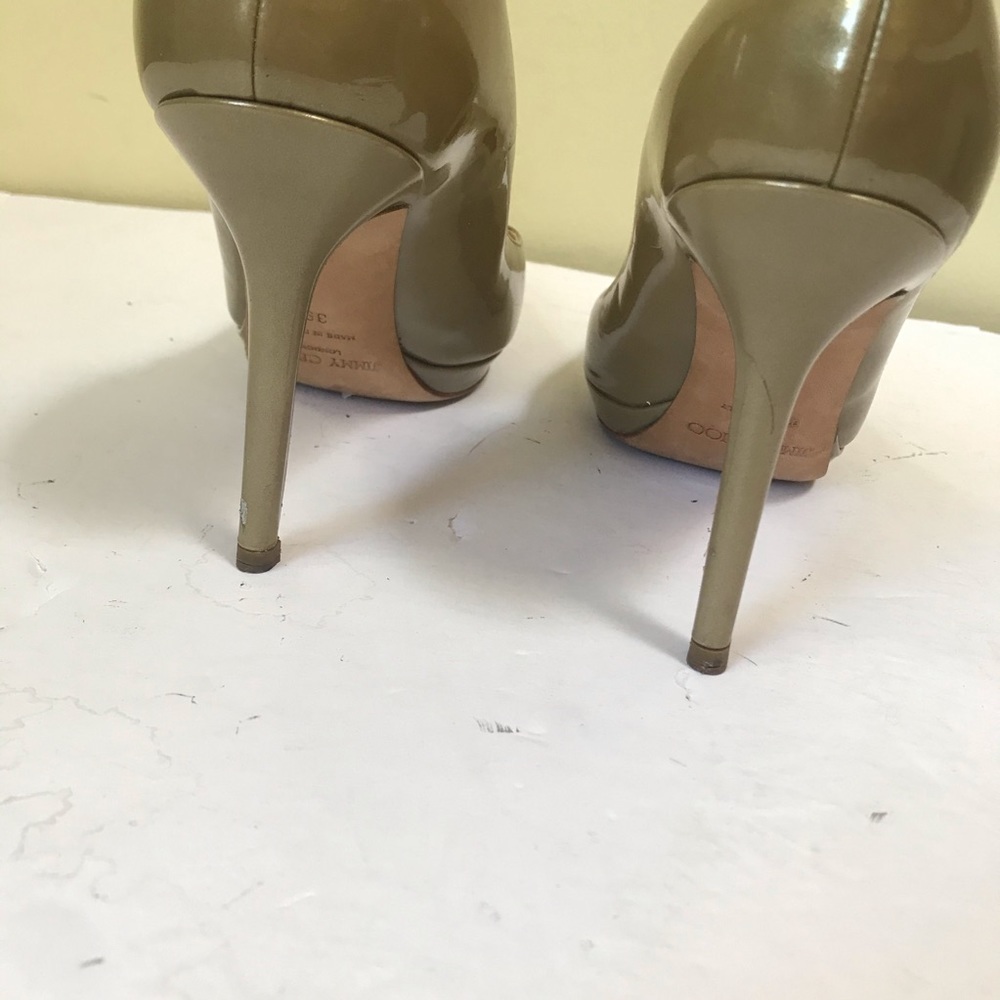 Jimmy Choo Patent Beige Platform Heels Pumps Shoes Almond Toe Wedge Heel Sexy - Picture 15 of 16
